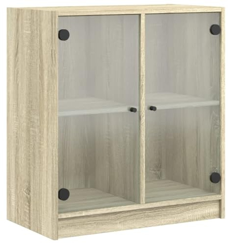 vidaXL Sonoma Oak Side Cabinet with Glass Doors - Engineered Wood Display Cupboard for Living Room/Bedroom, 68x37x75.5 cm, Modern Storage Furniture