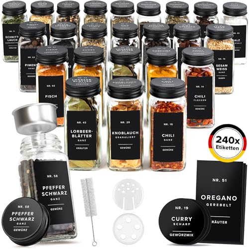 EDELHAUS® Gewürzgläser Eckig Matt Schwarzer Aluminium Deckel 120ml (24 Stk) Gewürzdosen mit 240 Gewürzetiketten, 30 Gewürzstreuer - Streueinsatzen und Stahltrichter, Gewürz Organizer Gewürzbehälter