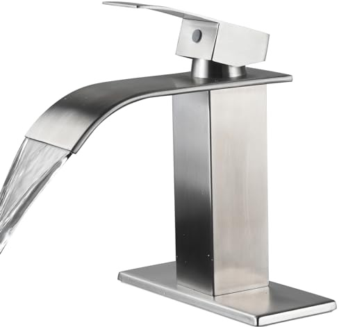 Bathroom Faucet, 1 or 3 Hole Brushed Nickel Modern Bathroom Faucet, Waterfall Spout Faucet for Bathroom Sink, Single Handle Vanity Sink, Rv Lavatory Washbasin with Deck Plate & Hose