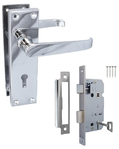 Epsom Door Handle Victorian Straight Polished Chrome Internal Lock Door Handle Set – Lever on Backplate – Includes 3 Lever Mortice Sash Lock – 1 Pair