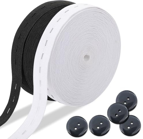2 Rollos 12M banda elástica con ojales, Goma Elastica Costura, Cinta Elástica Plana, Cinta Elástica de Costura con Ojal, ancho 2 cm, 6M por rollo, con 10 botones negros, ancho 2 cm (negro + blanco)