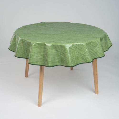 laro 140cm runde Wachstuch Tischdecke abwaschbar Wachstuchtischdecke mit Saum-Eingefasst-Paspelband, Muster:Leinenoptik Grün Meliert, Größe: Rund 140cm