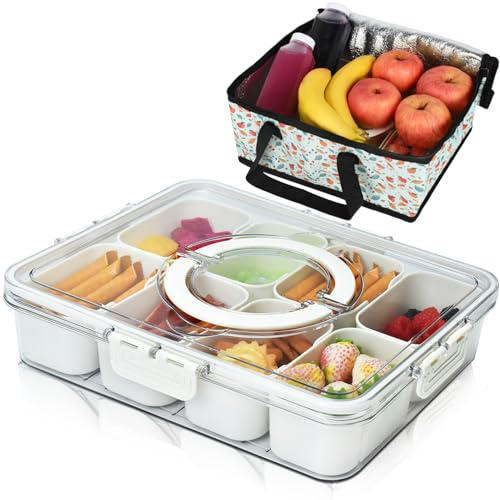 Artcome Plateau de service divisé avec poignée, 8 compartiments et sac de transport – Boîte à goûter et plateaux à goûter portables – Organisez les collations et les apéritifs – Parfait pour les