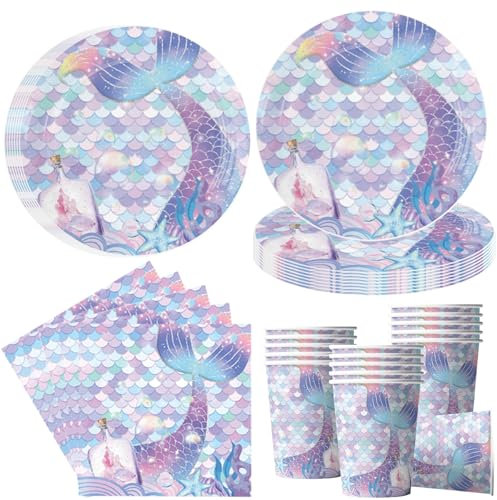 Stoviglie da festa a forma di sirena per 16 ospiti, piatti a forma di sirena, per feste di compleanno dei bambini