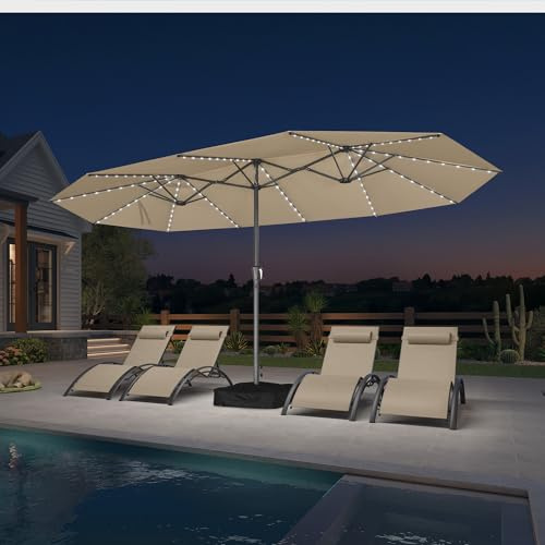 PURPLE LEAF Sonnenschirm 455 × 270 cm mit LED Doppelsonnenschirm, Beige | 132 Solar-LEDs-4 h Licht, Stabiler Rostschutz-Rahmen, UV-Schutz-Polyester, Inklusive Sandsack, Sicherer Bolzen-Schutz
