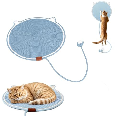 PacuM Kratzmatte Katze 43cm Kratzpappe für Katzen Kratzmatte Natürliches Baumwollseil Kratzteppich Katze mit Baumwollkugel Spielzeug Katzen Kratzpappe Katzenohr-Design für Bodenmatten Katzenbetten
