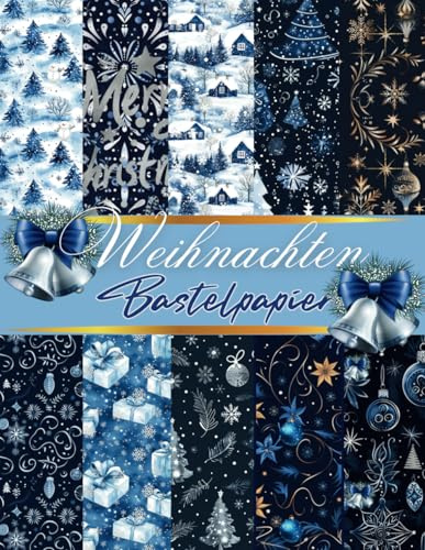 Bastelpapier Weihnachten: Scrapbooking Papier Weihnachtliche Muster | Din A4, 20 Batt, Doppelseitig I Junk Journal Dekor I DIY Karten | Dekoratives ... | Origami | Blue Christmas Pattern Paper