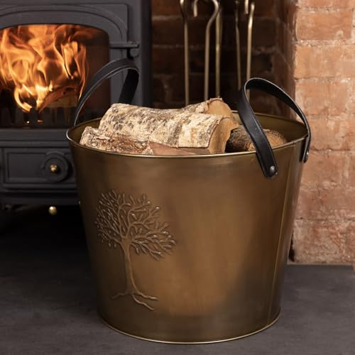 CHARLES BENTLEY Snug Mulberry Large Leather Handle Log Bucket, Metal, Leather, Antique Gold Coloured Finish, Timeless Style, Tree Logo, 6kg Log Capacity, Rustic, Powder Coated, 2.2kg (45x45x35cm)