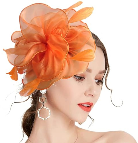 Fascinators Hüte für Frauen, Organza Blumengitter Federn Tea Party Hut mit Stirnband und Clip Orange Flower Hut für Hochzeit, Cocktailparty, Teeparty