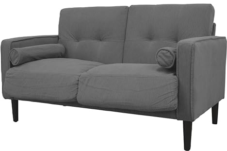 Divano Divanetto 2 posti Joy in velluto a coste – Struttura in legno, gambe in rubberwood, cuscini sfoderabili + 2 extra cuscini – Tessuto vellutino in poliestere – Colore Grigio