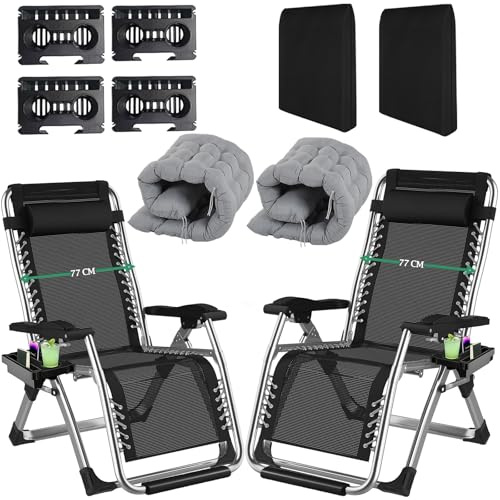 Fiutazge 2Pcs 77cm Extra Bredd Solstol, hopfällbar solstol, med kudde, Nackstöd, mugghållare, solstolsskydd, trädgårdsstol, vikbar för uteplats, trädgård, strand,Grå