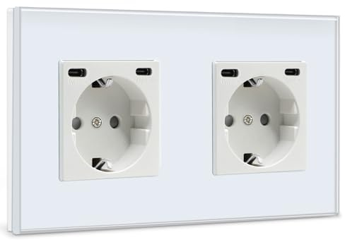 BSEED Steckdose mit USB C(5 V 2.1A),Unterputz Steckdose (Typ C und Typ C),16A 250V 2 Fach Wandsteckdose,2*USB C Einbausteckdose Geeignet für Phone,Pad-157mm*86mm,Weiß