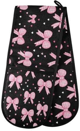 Oven Gloves Double Oven Gloves Pink Bow Heart Heat Oven Mitts Pot Holder Heat Resistant Quilted for BBQ Baking Kitchen Cooking Gloves