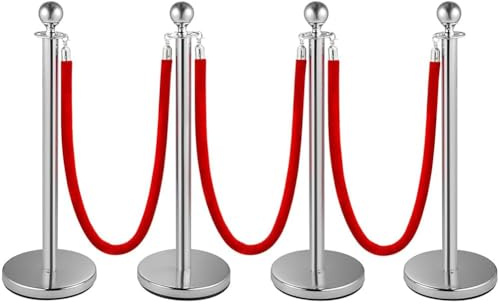 YUFANKAI Premium Absperrstab mit Seil - Robuster Crowd Control Bandstab für Warteschlangen, Events & Ladenmanagement, Set mit 5 ft/1.5 m rotem Samt Seil (4)