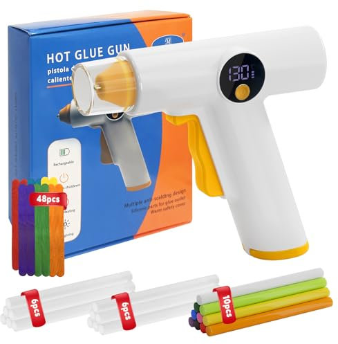 Cordless Hot Glue Gun Kit with 22 Coloured Glue(7mm)&48 Colored Popsicle Sticks and Anti-Drip Nozzle, Fast 35s Heating,Beam Light, Rechargeable Hot Glue Gun Built-in 2500mAh Battery for Crafts