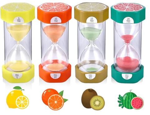 4er-Set Sanduhren für Kinder (5/10/15/20 Min) - Bruchsichere Kunststoff-Sanduhr mit lustigem Obst-Design - Ideal für Lernen, Küche, Spiele & Zeitmanagement - Kreatives Lernspielzeug Geschenk