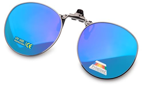 Epavouos polariserade Clip-On solglasögon UV400 anti-bländande glas med metallram rund design unisex, blå, 52 mm