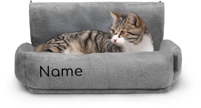 lionto Katzenheizungsliege mit kuscheligem Plüschbezug, Katzenbett zum Einhängen mit Metallhaken für alle gängigen Heizungen, waschbare und gemütliche Katzenhängematte, dunkelgrau (Namensaufdruck)