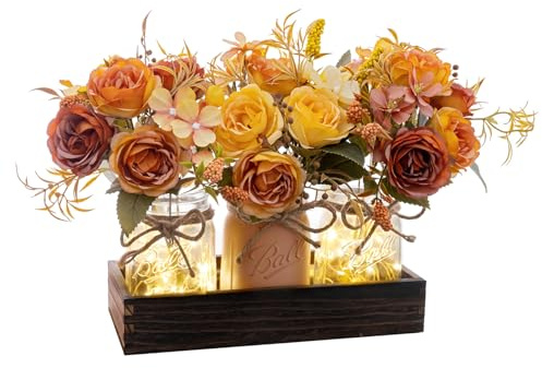 SUNNY BROOK 3PCS Artificial Fall Flowers in Mason Jars with Rustic Wood Tray – Amber Orange & Yellow Fake Floral Centerpiece, Faux Flower for Farmhouse Autumn Decor Kitchen, Coffee Table, Tiered Tray