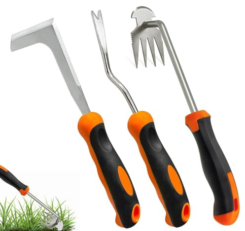 NCOALE Unkrautstecher mit Stiel, 3er Set Edelstahl Gartenarbeit Hand Unkrautstecher mit Kunststoffgriff Unkraut Entferner Gerät Unkrautzieher mit Gezackter Kante für Jäten Umpflanzen Entwurzeln