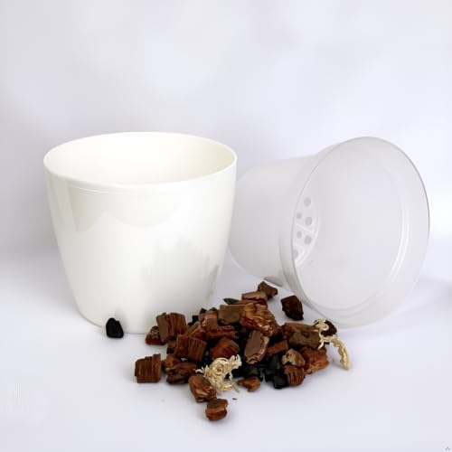 Orchid Repotting Kit – 1x White Pot + 1x Clear Pot + Bark Mix – Small Orchid Potting Kit for One Repotting – Ideal for Phalaenopsis Roots – No Fertilizer