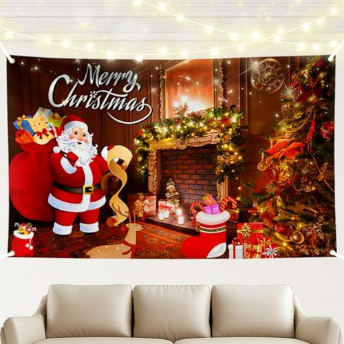 Hianjoo Drapeau de Noël 180 x 110CM avec œillets, Grande Bannière de Fond de Noël, Bannière Décorative de Xmas aux Couleurs Vives pour la Décoration Intérieure et Extérieure, Rouge