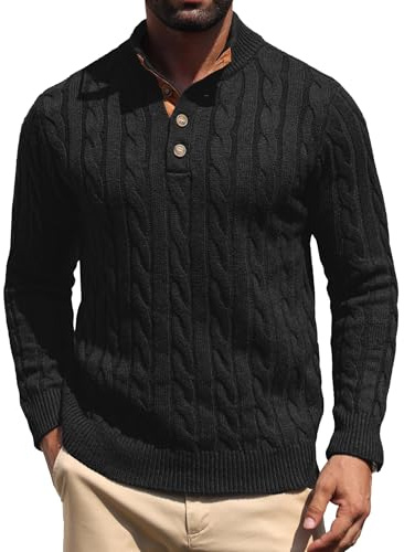 QIXING Mens Cable Knit Henley Jumper Stand Collar Button Pullover with Suede Patches Classic Casual Warm Jumper