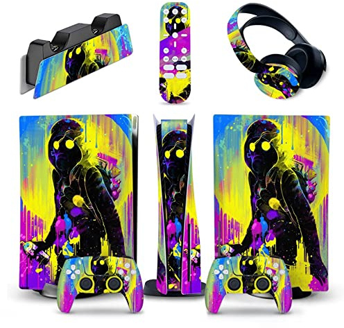 Decalcomania Per PS5 Console Disc Edition & Digital Sticker Vinyl Decal Cover Per Ps5 Controller & Charging Station & Headset & Media Remote 76301 Pellicola Protettiva(Disc Version)