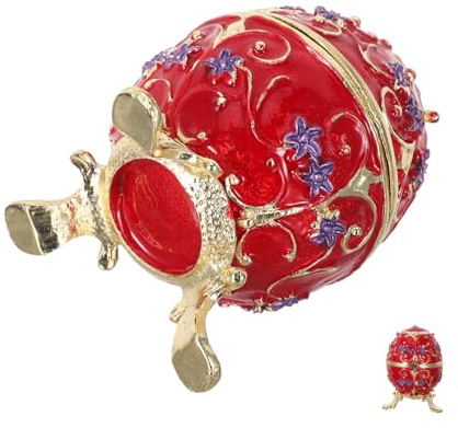 BESPORTBLE Russian Egg Trinket Box Decorative Jewelry Storage Display Box Hand Painted Red Enamel Hinged Metal Ring Holder for Valentines Day Wedding