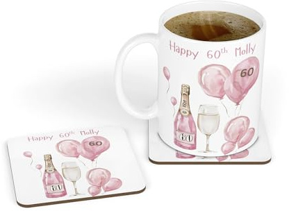 60th Birthday Gift for Her - Personalised White Ceramic Mug & Coaster Gift Set - Pink Balloons Birthday Age 60 Design (60th Birthday)