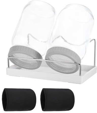 QUARKZMAN Ribbstålsglas – 2 stycken 1 000 ml grodd glas inkl. 2 fodral, 1 hållare, 1 bricka, 1 borste – för ribbor, krasse och mikrogreens – grå