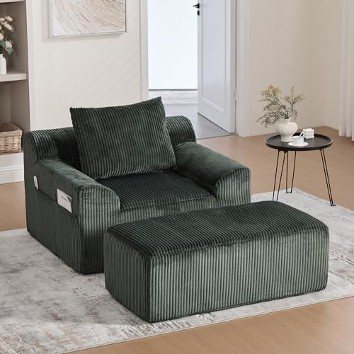 HAUSPROFI Schlafsessel aus Cord, 147x110x67cm Sofa Sessel mit Hocker, Seitentaschen und Kissen, Boneless Sofa für Wohnzimmer, Schlafzimmer Keine Montage Erforderlich (Grün, 147x110x67cm)