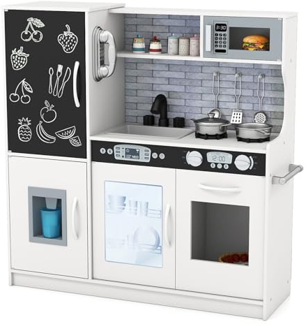 GOPLUS Cuisine en Bois Enfant avec Effet Sonore, Jouet de Cuisine Enfantavec Tableau Noir et 6 Compartiments de Rangement, Télephone, Accessoires Riches, pour Garçon Filles 3-6 Ans (Crème)