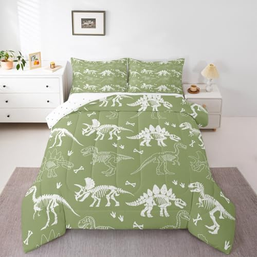 Loussiesd Juego de ropa de cama con diseño de huesos de dinosaurio, fósiles de dinosaurios de la selva, para niños, niñas, adolescentes, animales salvajes, tamaño individual, transpirable, color verde