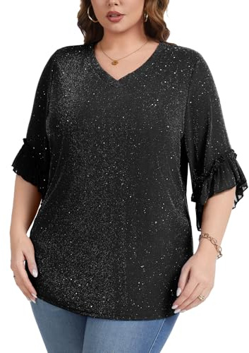 Kyzoeyou Damen Sheer Mesh Pailletten Glitzer Tops Oberteil 3/4 Ruffle Ärmel V-Ausschnitt Tunika Bluse Große Größen T-Shirt