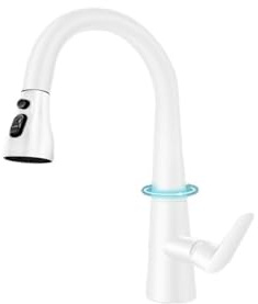 Kitchen Tap, Matte White Pull Out Kitchen Faucet, 360 Rotation Brass Stream Sprayer Head Hot Cold Washing Sink Mixer Tap Deck Mounted Crane(Bianco)