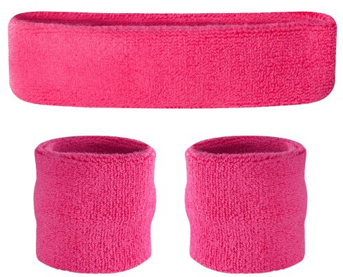 Suddora Sweatbands Set, Moisture Wicking 2 Wristbands and 1 Headband, Breathable Terry Cloth Athletic Bands for Basketball, Tennis, Yoga, Gym, Sweat Bands for Costumes and Cosplay, Neon Pink