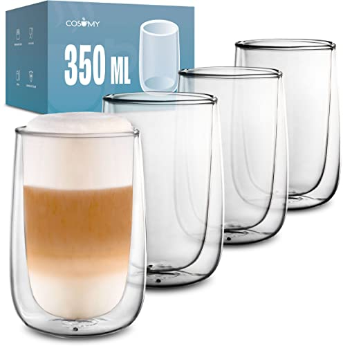 4 * 350ml Tazas de Café de Doble Pared para Latte Macchiato - Mantienen las bebidas caliente o frías por más tiempo - Resistentes al calor y aptos para lavavajillas - Un set de regalo ideal