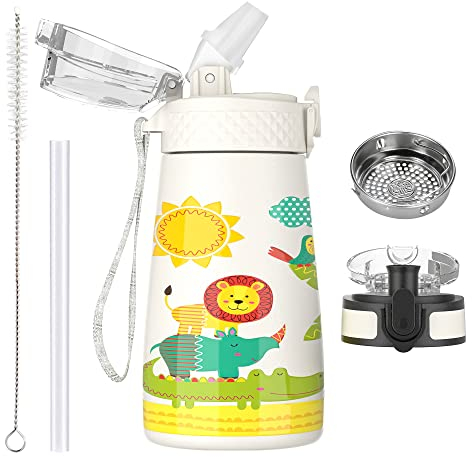 OLDLEY 350ml Kinder Edelstahl Wasserflasche mit Stroh für Schule mit 2 verschiedenen Deckeln, Metall Vakuum Isolierte Wasserflaschen für Jungen Mädchen Kleinkind Kinder Heiße kalte Getränke BPA frei