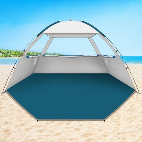 COMMOUDS Strandmuscheln für 6-8 Personen, Tragbarer Strandzelt mit UV-Schutz 50+, Familie Sonnenzelt Strand mit 3 Mesh Fenster, Schnelle Montage, Einfaches Tragen Schirm Strandmuschel für Outdoor
