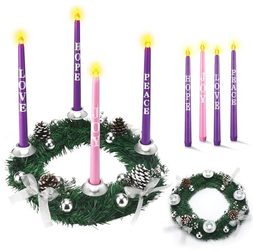 Kathfly 5 Pcs Christmas Advent Wreath with 4 Flameless Candles Holder with Hope Peace Love Joy Candle Christmas Centerpiece Decorations Pine Cones Bowknot for Xmas Advent Holiday Party(Silver)