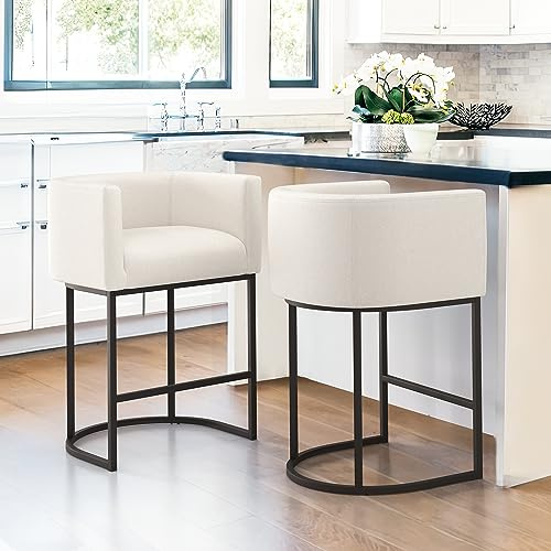 LUE BONA Barhocker 2er Set mit Lehne Armlehnen,69cm Hoch Drehsessel–Barstuhl Metall mit 16 cm Weiß Leinen Sitzfläche,Bar Hocker mit Metallbeinen,Moderner Barstuhl für Küche,Theke,Weiß