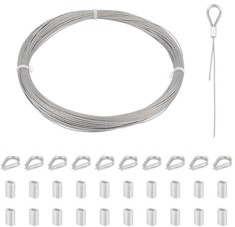 UNICRAFTALE 50m Long Stainless Steel Cable 1mm Wire Rope Kit Aircraft Cable Garden Metal Cable Wire with Wire Rope Cable Thimbles and Aluminum Crimping Loop Sleeve for Deck Railing String Lights