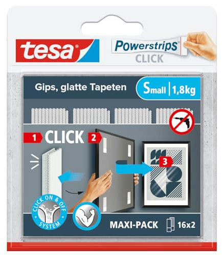 tesa Powerstrips CLICK - Klett-Klebepads zum An- und Abklicken von Bilderrahmen und Wanddekorationen ohne Bohren - selbstklebende Klettband-Strips mit ON und OFF Click-System - Small - 16 x 2 Stück
