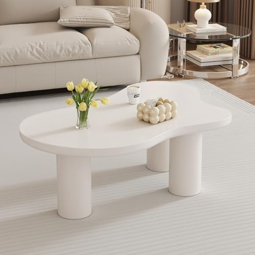 LINKHOO Table Basse Blanche en Forme de Nuage, Design Irrégulier, Plateau en MDF et Pieds en PVC, avec Base en Feutre, 107 x 66 x 40.5 cm, Blanc