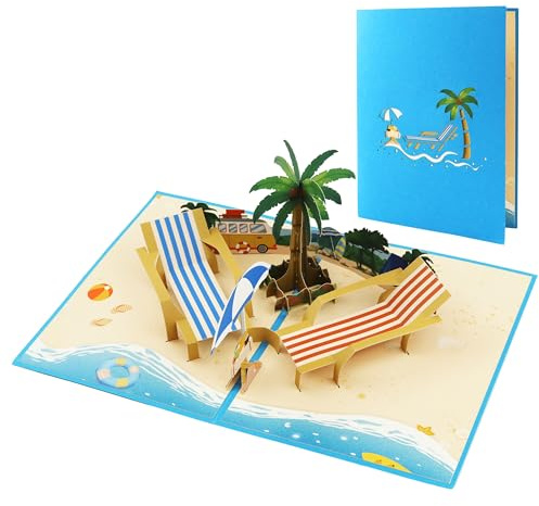 DORAFIORA® Pop-Up Karte Strand Szene – 3D Liegestühle & Palme | Perfekte Sommer- & Urlaubskarte zum Geburtstag | Inkl. Umschlag