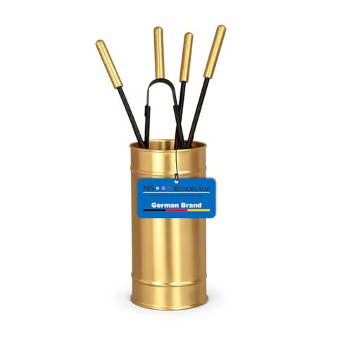 MS Beschläge Kaminbesteck Set 5-teilig Messing – Ofenbesteck modern mit geschlossenem Halter – Kaminzubehör hochwertig Schwarz pulverbeschichtet – Kamingarnitur für Kaminofen und Ofen – Ofenzubehör