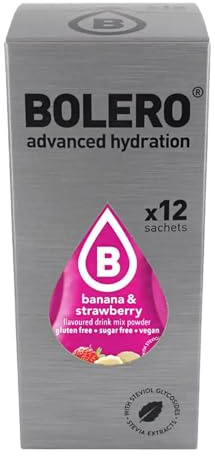 Bolero Drink Banane & Fraise - 12 x 9 g - Suffisamment pour 1,5 l - 2,5 l boisson sans sucre et sans gaz carbonique - Sans aspartame - Sucré au stévia