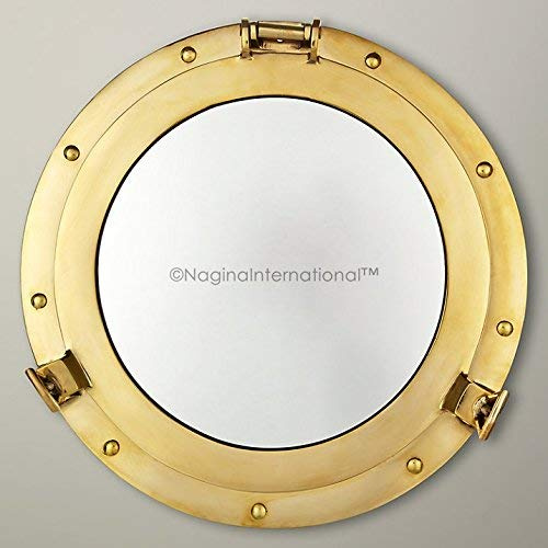 Nagina International Espejo de ojo de buey pulido de latón náutico de lujo de 12 pulgadas | Espejo decorativo de barco pirata | Decoración del hogar y regalos de playa marítima del capitán