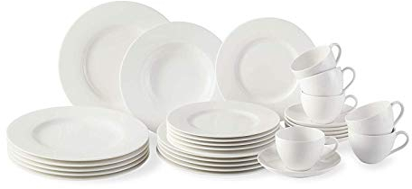 vivo - Villeroy & Boch Group - Basic White Kombiservice 30 Teilig, Spülmaschinenfest, Mikrowellensicher, Tafelservice Weiß, Geschirrset, Kaffeeservice, Keramik, Teller, Tassen, Premium Porzellan